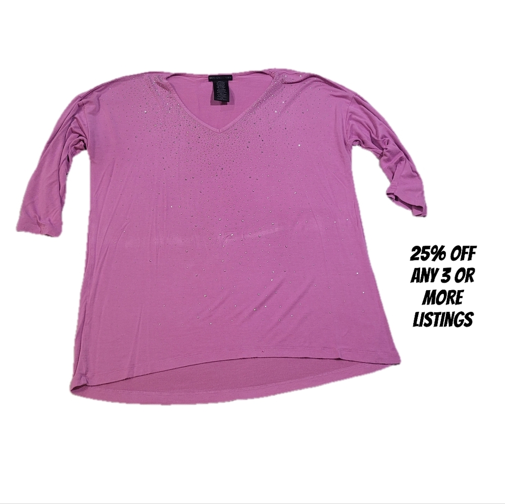 Design History Lavender V-Neck Blouse Embellished Rhinstone Bling Lightweight